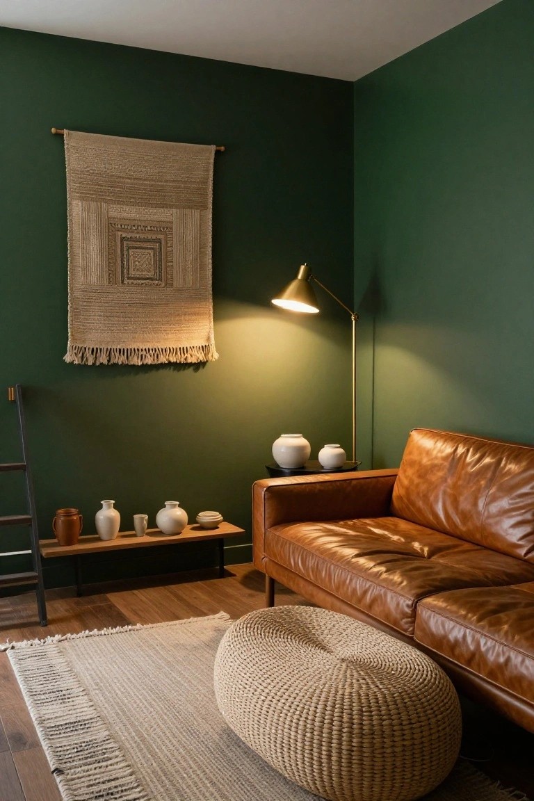 Corner of a room with dark green walls, woven tapestry hanging, brass arched floor lamp illuminating white pottery on a wooden shelf and side table next to a tan leather sofa, woven ottoman, and neutral rug on wood floor.