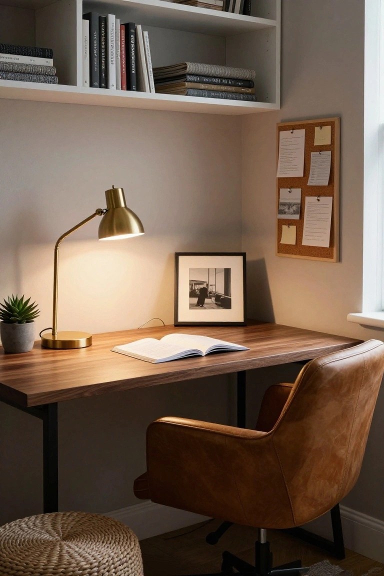 Wooden desk with open book, lit gold desk lamp, potted succulent, black-and-white framed photo, corkboard with notes and photos, books on wall shelves above, brown leather office chair, and woven footstool in a beige room with window.