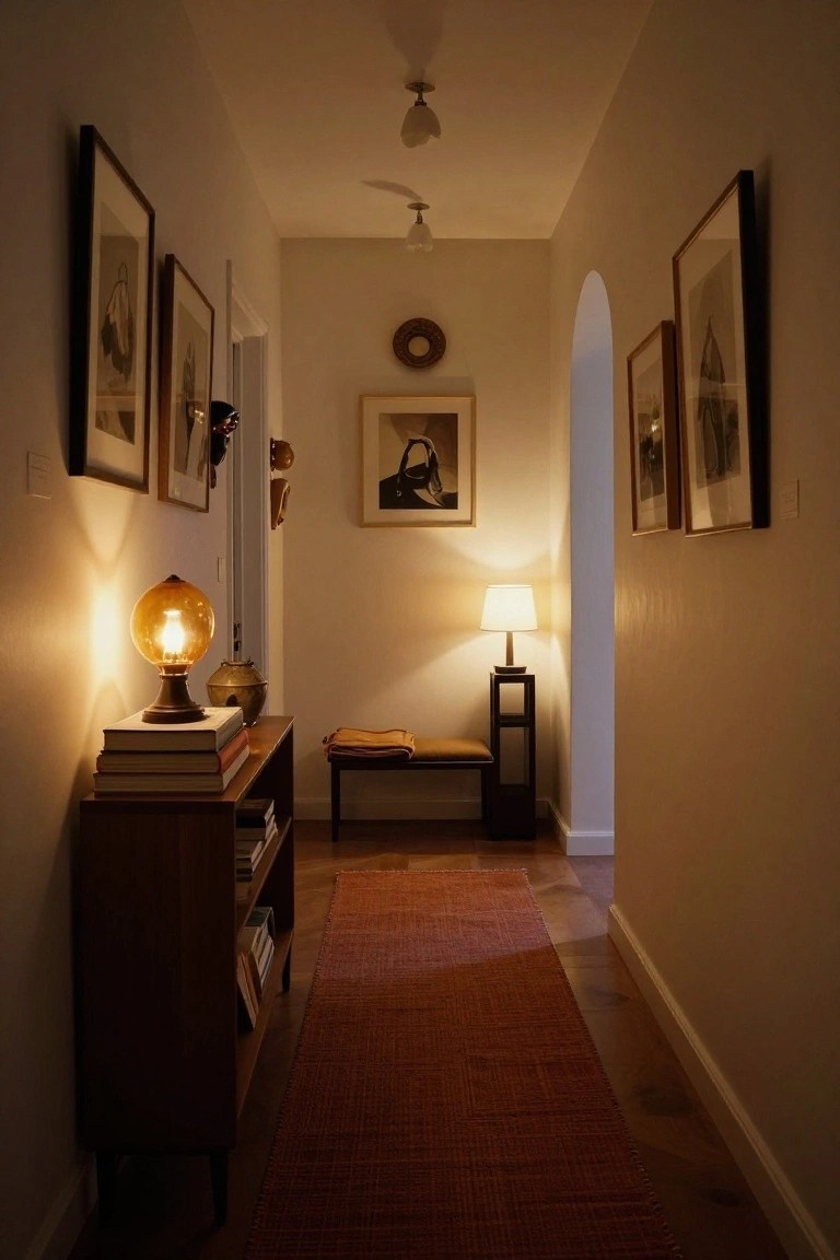Narrow indoor hallway with warm lamp lighting, wooden console table and shelf with books, bench, artwork on walls, and a red runner rug on wood floors.