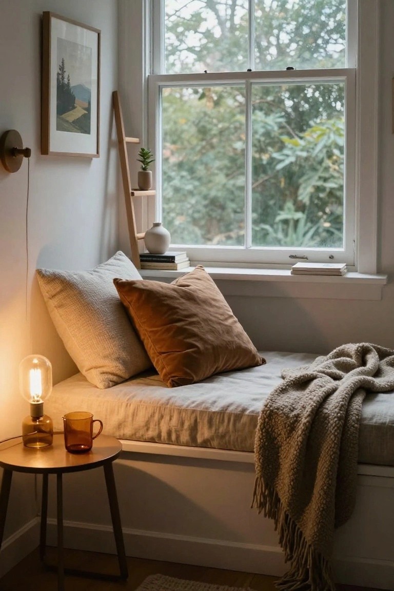Built-in window bench with beige and rust pillows, knit throw blanket, warm filament bulb lamp on tripod table with glass mug, books on sill, ladder shelf with plants, and view of green trees outside.