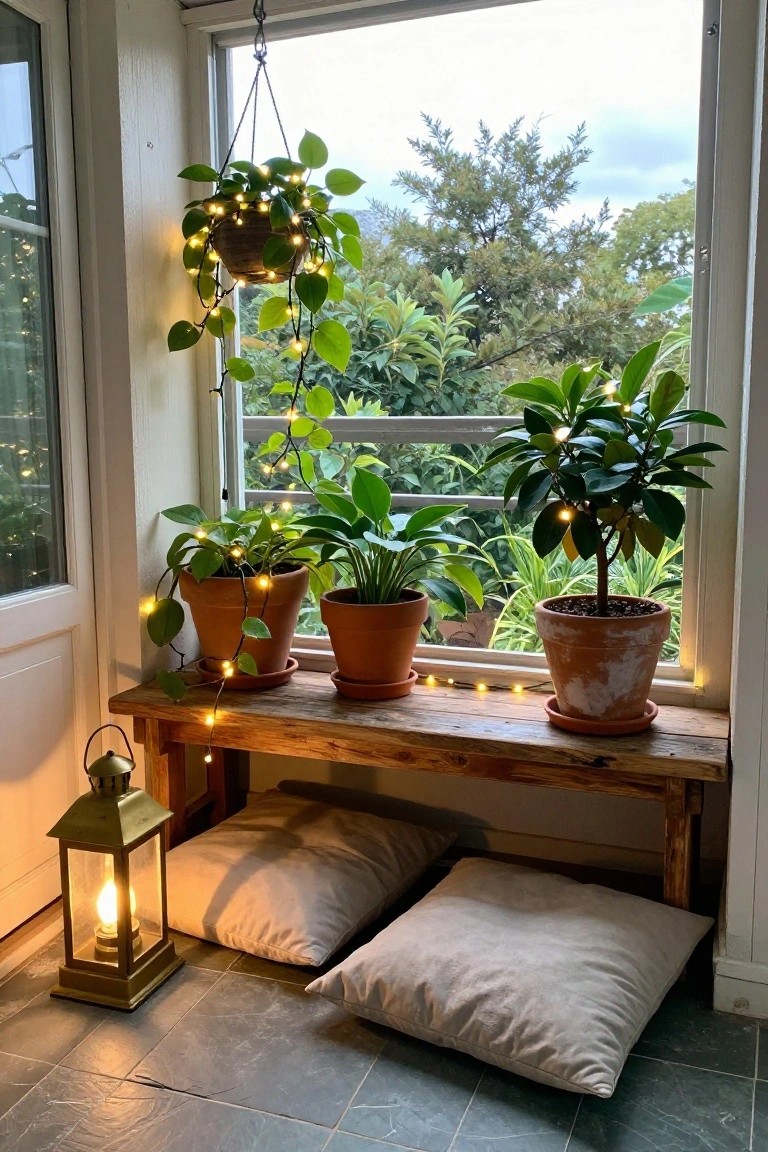Wooden bench by a large window holding several potted houseplants with fairy lights wrapped around them, a lit brass lantern on the floor, beige cushions nearby, and views of outdoor trees through the glass.
