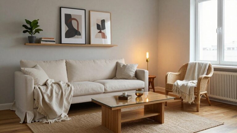 21 Cozy Warm Lighting Apartment Decor That Feels Homey Cozy living room corner with white stone electric fireplace showing orange flames, white sofa with pillows and throw, wooden coffee table, rattan armchair with blanket, gold tripod floor lamp lit with warm bulb, potted plant, abstract framed art, books, and vase on mantel, light gray walls, beige rug, and window.