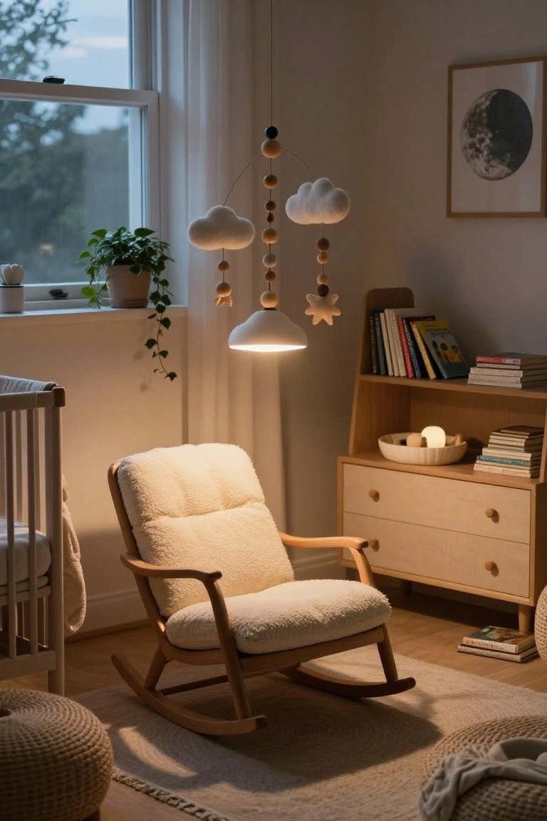 A nursery room with a white cloud-shaped lamp illuminating a cream sheepskin-upholstered wooden rocking chair, crib nearby, wooden bookshelf with books and bowl, potted plant by window, and hanging mobile.