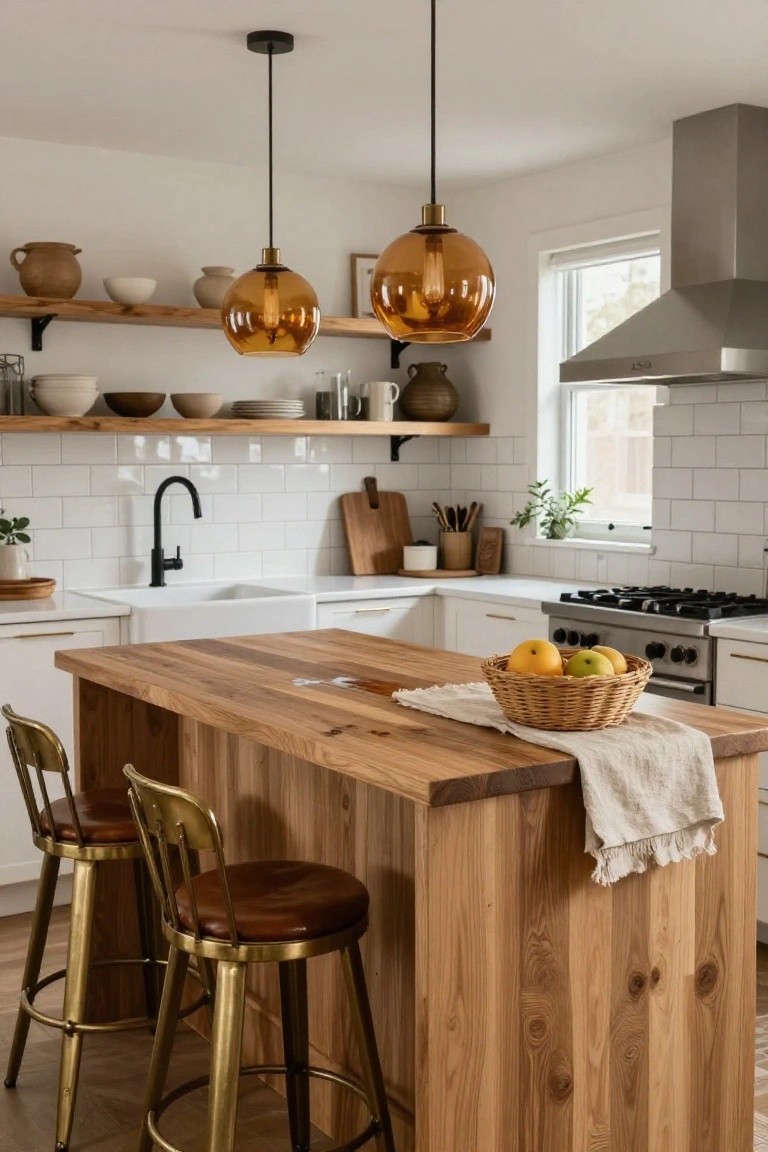 Kitchen with white cabinets, subway tile backsplash, wooden island topped with a basket of apples and linen runner, brass bar stools, and three amber glass pendant lights hanging above.