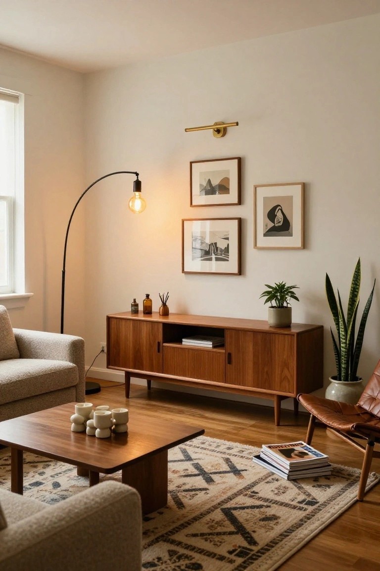 A living room corner with light gray sofa, wooden credenza holding books and plants, low wooden coffee table with white candles, brown leather armchair, snake plants, framed art on walls, black arc floor lamp with exposed bulb, brass wall sconce, and beige rug on hardwood floor.
