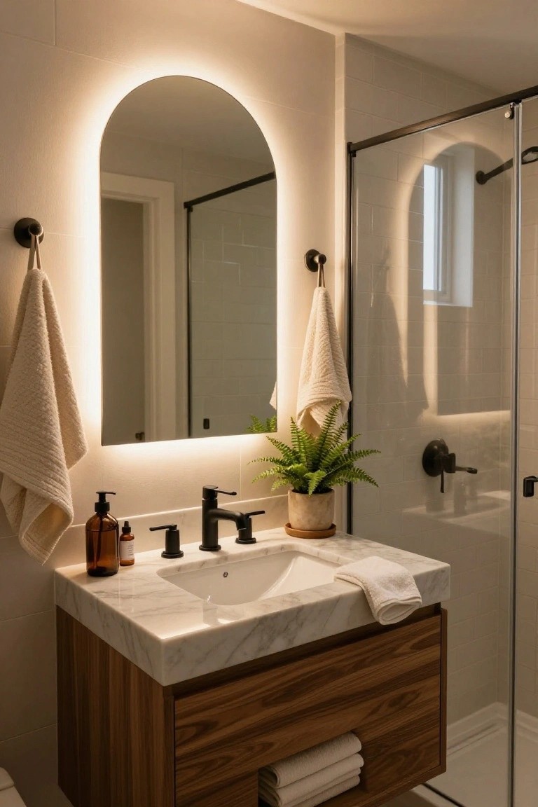 Modern bathroom with arched backlit mirror above white marble sink on wooden vanity, towels hanging on wall hooks, potted fern plant, and glass shower enclosure with black fixtures.