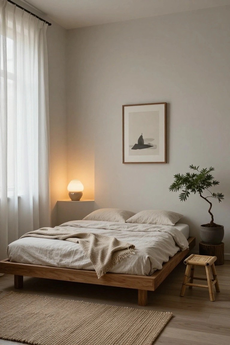 Corner view of a minimalist bedroom with light gray walls, a low wooden platform bed draped in beige linens and a throw blanket, a potted bonsai tree, a glowing white ceramic lamp on a shelf, an abstract framed print, sheer curtains over a window, a small wooden stool, and a seagrass rug on light oak floors.