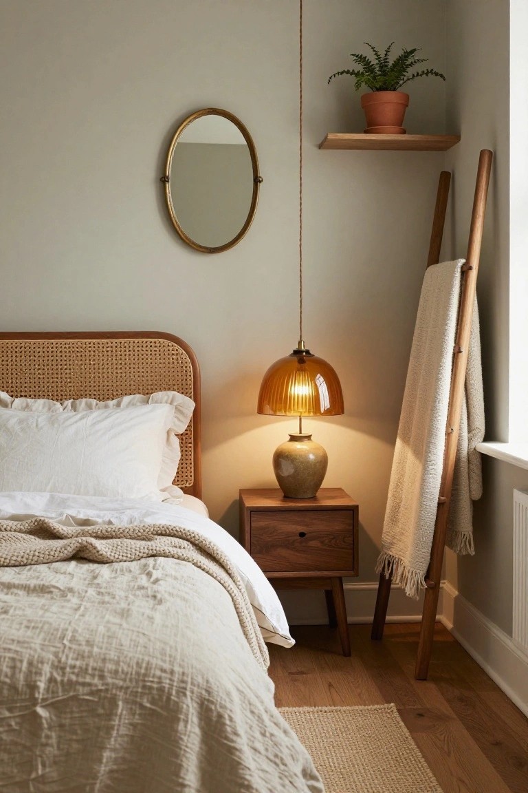 Bedroom corner with cane headboard bed covered in white pillows and cream linens, walnut nightstand with amber glass lamp and ceramic vase, wooden ladder holding white blanket, oval gold mirror on wall, fern in terracotta pot on oak shelf, pendant light overhead, sage green walls, wood floor, and beige rug.