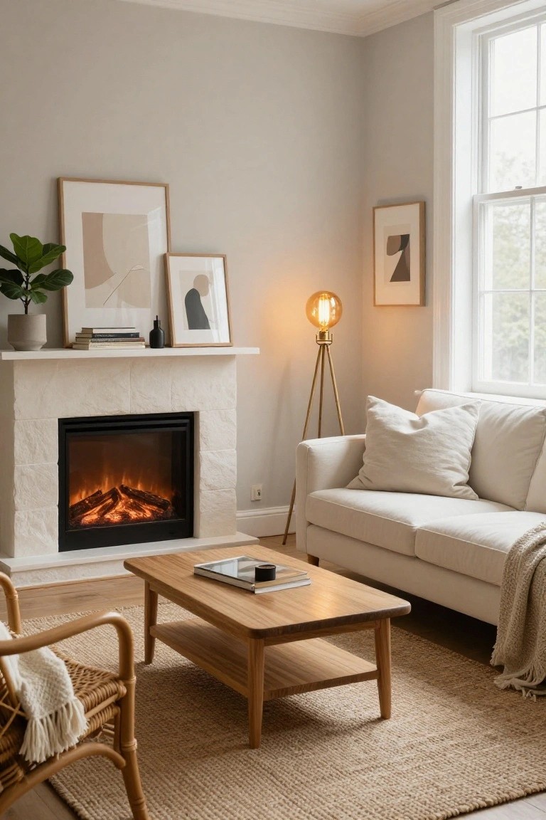 Cozy living room corner with white stone electric fireplace showing orange flames, white sofa with pillows and throw, wooden coffee table, rattan armchair with blanket, gold tripod floor lamp lit with warm bulb, potted plant, abstract framed art, books, and vase on mantel, light gray walls, beige rug, and window.