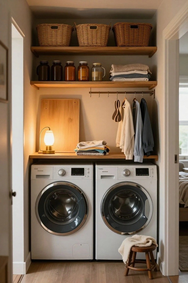 Small indoor laundry room featuring two white front-loading washing machines side by side, wooden shelves above with jars, baskets, folded linens, hanging clothes, a gooseneck lamp with warm light on a wood board, and a small wooden stool with a towel nearby.