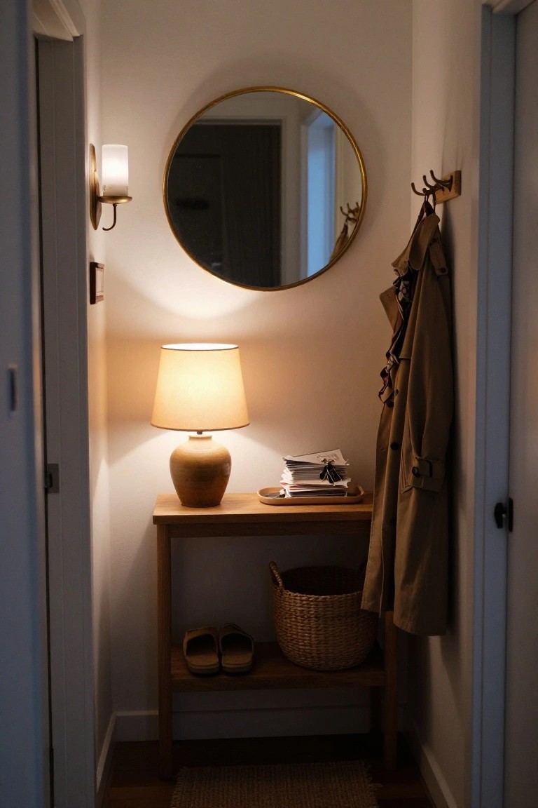 Narrow white interior hallway with wooden console table holding beige ceramic lamp, stack of papers and keys on tray, wicker basket and slippers below, tan coat on wall hooks, gold round mirror, white wall sconce, and seagrass rug on wood floor.