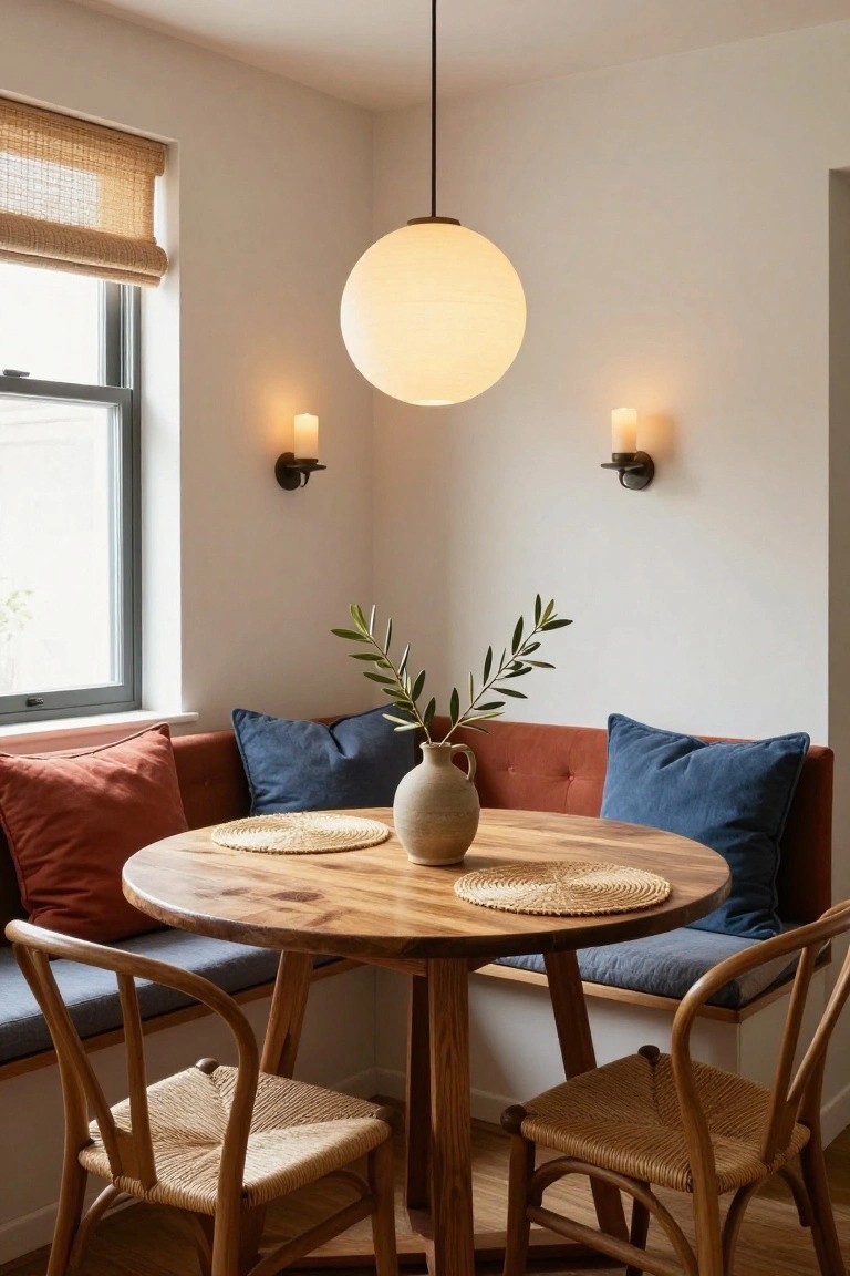 Dining nook with round wooden table, built-in rust and blue cushioned bench, two rattan chairs, large white paper lantern pendant light above, matching wall sconces with candles, bamboo window shade, and olive branch vase on table.