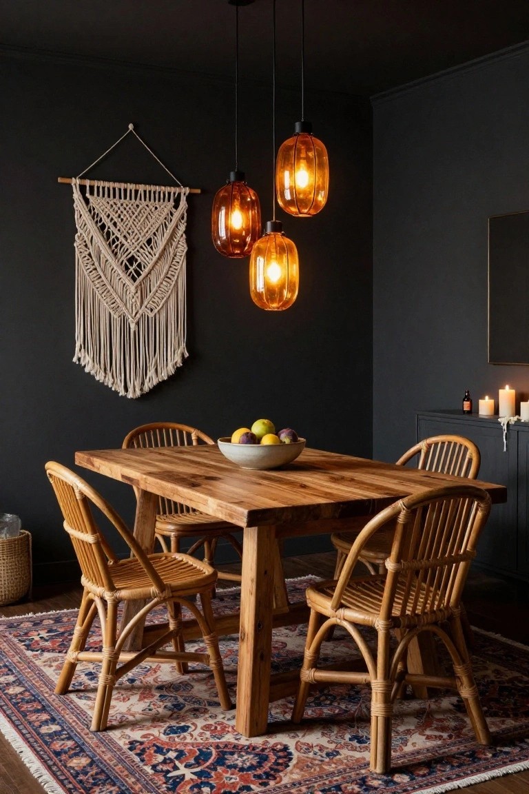 A dark-walled dining room with a rectangular wooden table, four rattan chairs, a bowl of fruit on the table, three amber pendant lights hanging above, a macrame wall hanging, and candles on a sideboard.