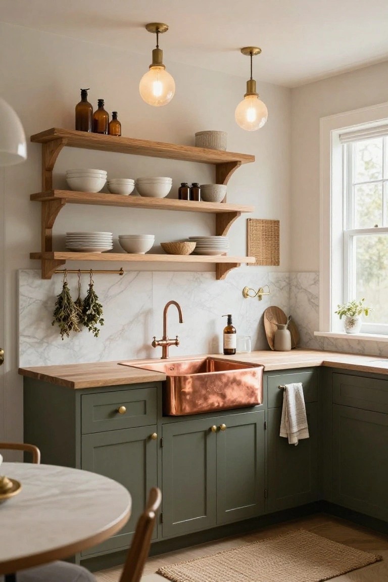 Corner kitchen with sage green cabinets, copper farmhouse sink, wooden open shelves holding white dishes and glass jars, brass pendant lights with warm bulbs, marble backsplash, and a small round table nearby.