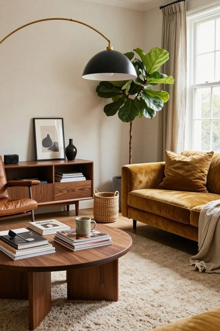 A living room with a gold arched floor lamp and black shade over a round walnut coffee table stacked with books and a mug, mustard velvet sofa with pillows and throw, walnut credenza with black vase and abstract print, fiddle leaf fig in gray pot, woven baskets, and window with beige curtains.