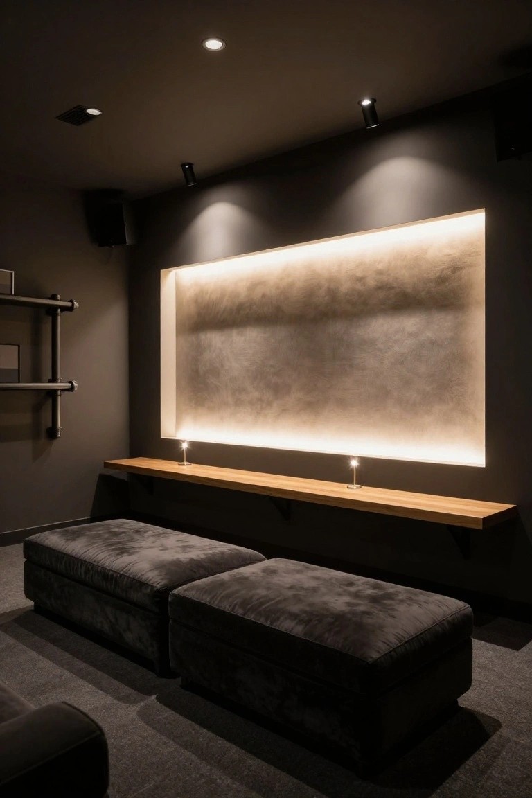 Dark interior room with backlit textured wall panel serving as screen area, wood shelf holding two lit candles, two gray upholstered ottomans on floor, black speakers, and recessed ceiling spotlights.