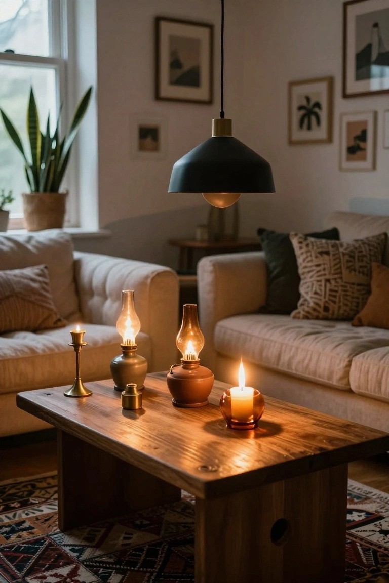 A cozy living room with beige tufted sofas around a wooden coffee table holding lit oil lamps, candlesticks, and votives, green plants near a window, wall art, and a black pendant light overhead.
