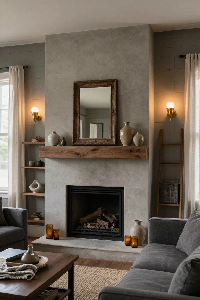 A living room with tall gray stucco fireplace, rough wood mantel, large wood-framed mirror above, built-in shelves holding ceramics, gray corner sofa, wood coffee table with glass candles and vase, flanked by warm-lit conical wall sconces and linen curtains on windows.