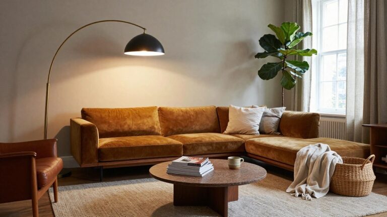 21 Creative Cozy Living Room Lighting Ideas You’ll Love A living room with a gold arched floor lamp and black shade over a round walnut coffee table stacked with books and a mug, mustard velvet sofa with pillows and throw, walnut credenza with black vase and abstract print, fiddle leaf fig in gray pot, woven baskets, and window with beige curtains.