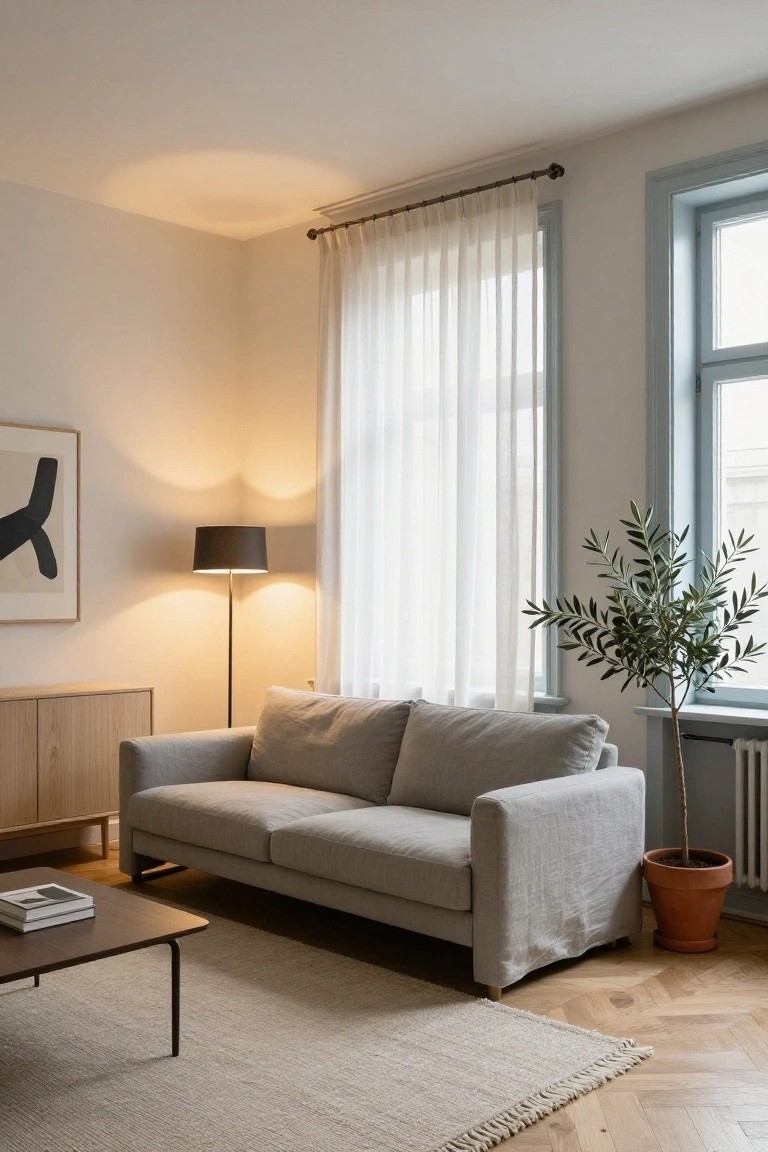 A minimalist living room corner featuring a light gray linen sofa, low wooden coffee table, tall floor lamp with brown shade, olive tree in terracotta pot, sheer white curtains on tall windows, and oak parquet flooring.