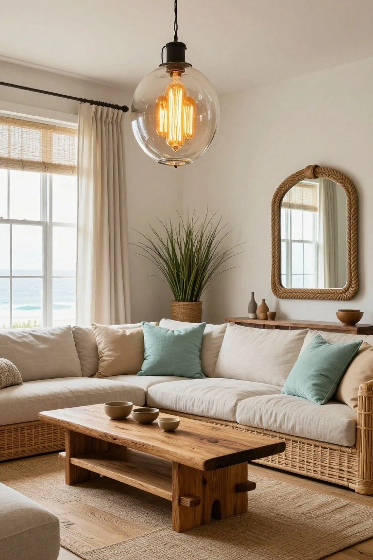 Cozy living room corner with cream L-shaped sofa, wooden coffee table holding ceramic bowls, large hanging glass globe pendant with exposed bulb, potted tall grass plant, rattan mirror on wall, and window with ocean view.