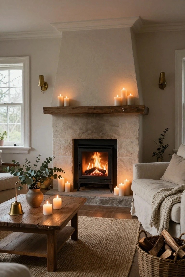 Cozy living room interior featuring a burning fireplace in a stone surround, multiple white pillar candles on the wooden mantel, coffee table, and floor, linen sofa with throw blanket, eucalyptus plants in vases, wooden firewood basket, and warm wall sconces.