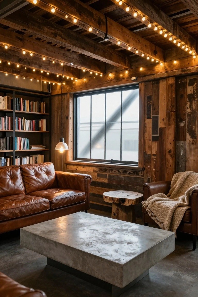 Cozy living room featuring exposed wooden ceiling beams strung with warm string lights, wooden bookshelves, brown leather sofa and armchair, stump side table, pendant lamp over a concrete coffee table, and a large window with industrial frame.