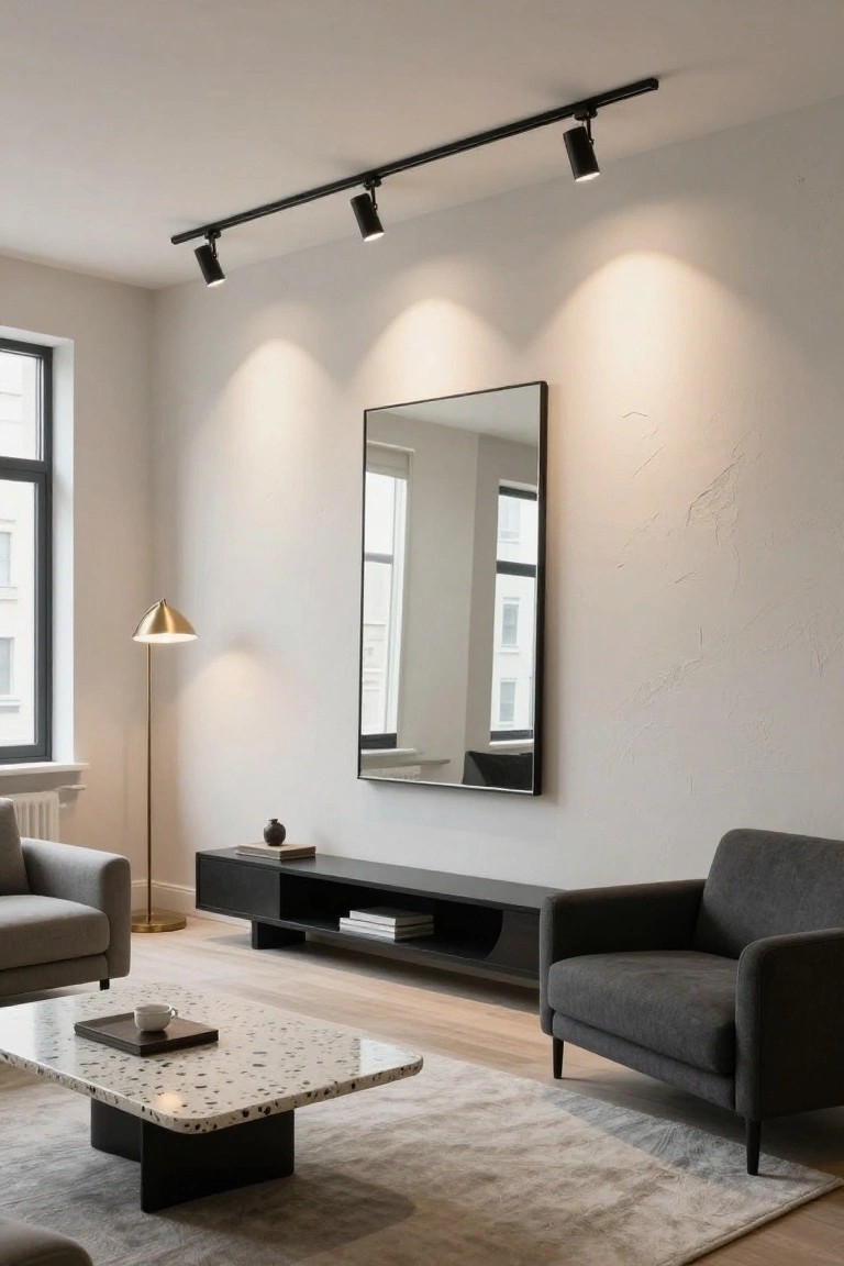 Modern living room with black ceiling track lighting featuring three spotlights, large rectangular black-framed mirror on beige wall, two gray fabric sofas, black media console, white terrazzo coffee table with black base, gold arc floor lamp, and light wood flooring.