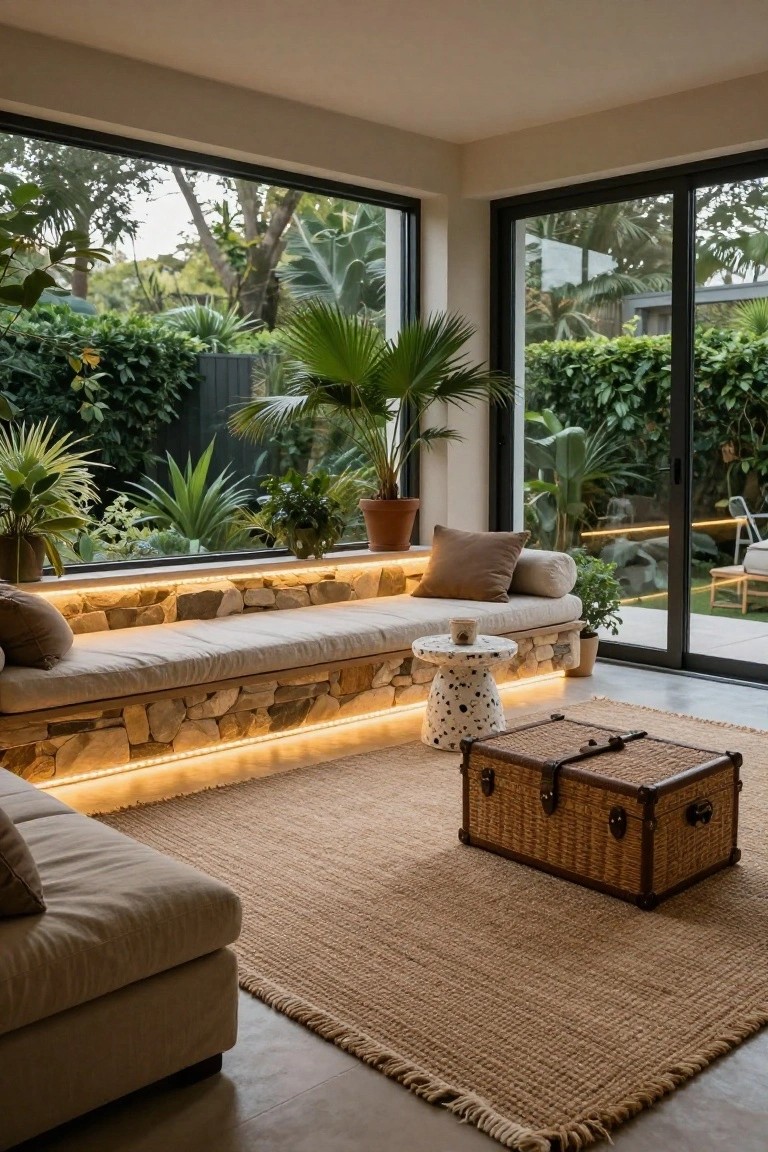 Modern indoor corner seating area with cushioned stone bench lit by LED strips underneath, large corner windows and sliding door to lush garden, neutral sofa, jute rug, side table, and potted plants.