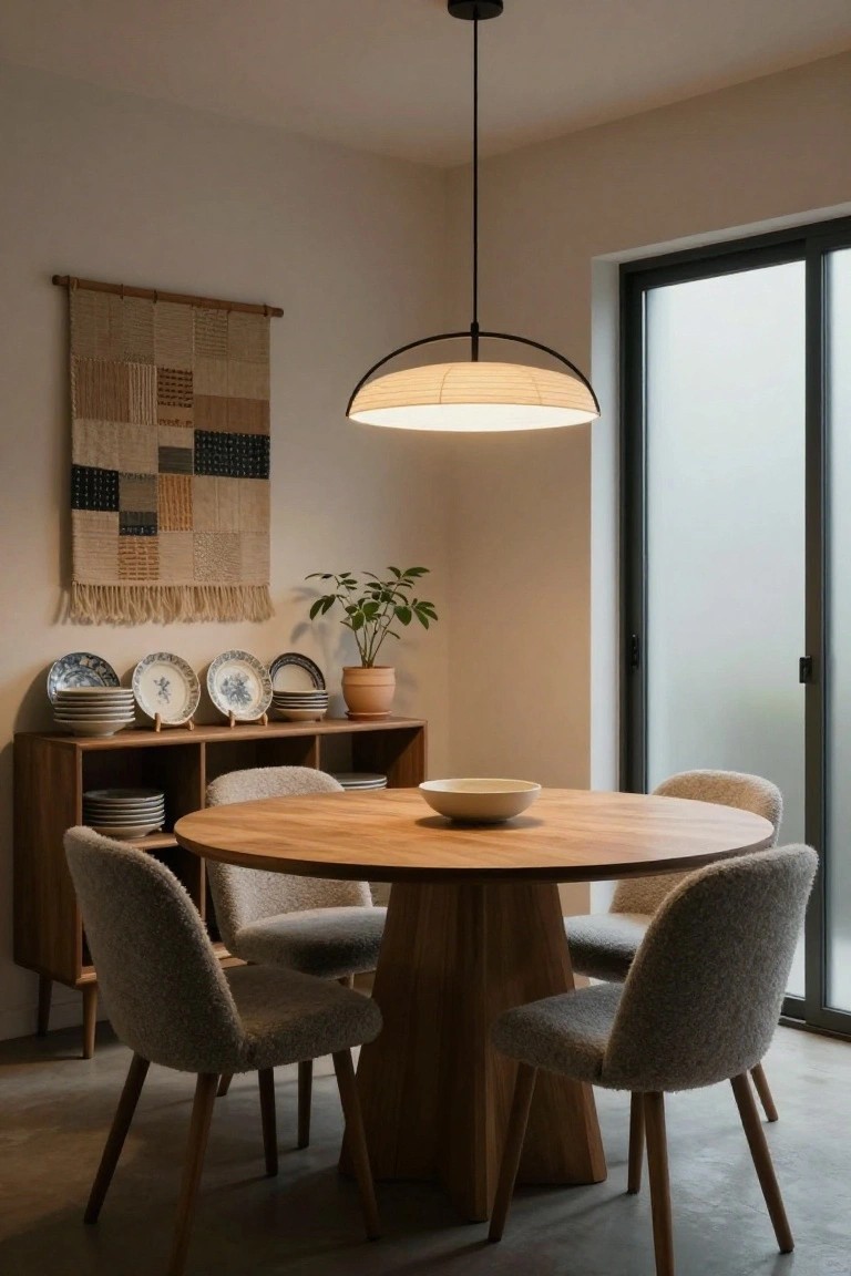 Japandi dining room with round wooden table and four shearling-upholstered chairs, arched rattan pendant light overhead, wooden credenza displaying blue-and-white plates and potted plant, woven wall hanging, and frosted glass sliding door.