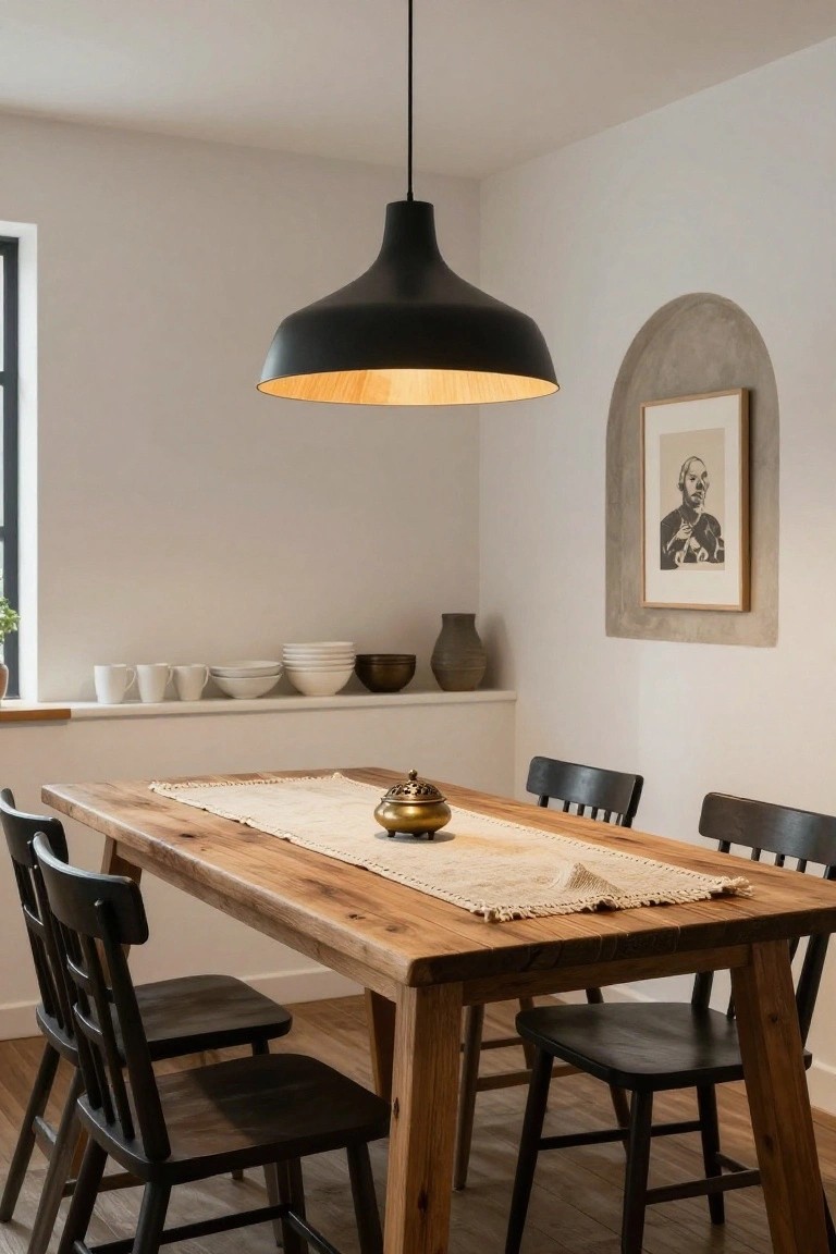 A dining room corner with a rustic wooden table covered by a beige runner and brass incense burner, four black chairs around it, white shelves holding white cups bowls and pottery, a black conical pendant lamp overhead, and a framed black-and-white portrait on a curved plaster wall next to a window.