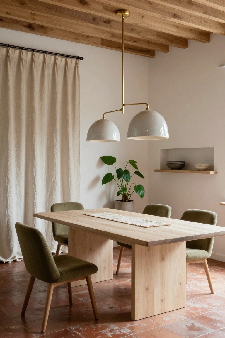 Indoor dining room featuring a wooden table with green upholstered chairs under a brass pendant light with two white globe shades, beige linen curtains, potted plant, niche shelf with bowls, wood beam ceiling, and terracotta tile floor.