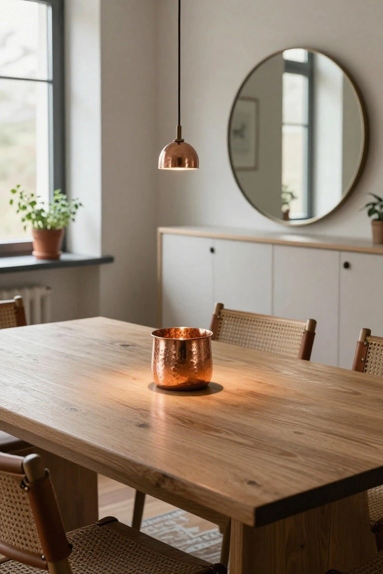 Dining room with oak table centered under a copper dome pendant light, hammered copper mug on table, rattan chairs with leather accents, white cabinets, round mirror on wall, potted plants by window, and radiator visible.