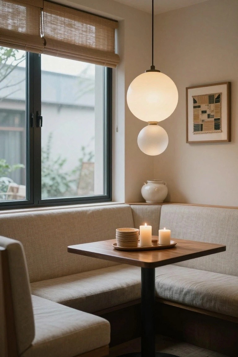 Interior corner dining nook with beige built-in bench seating around a square wooden table holding stacked plates, a dish of candles, and lit taper candles, under a double white globe pendant light, beside a large window with bamboo blinds and a ceramic vase on a shelf.