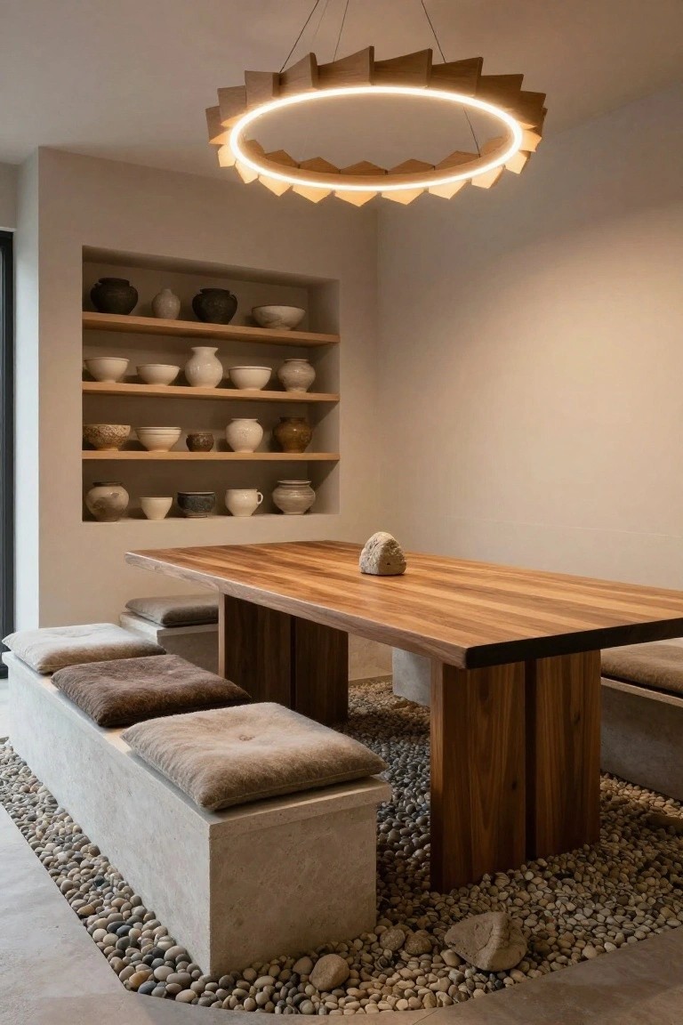 Japandi-style dining nook with angular wooden ring pendant light glowing over a wooden table, stone benches with cushions, pebble flooring, and pottery on wall shelves.