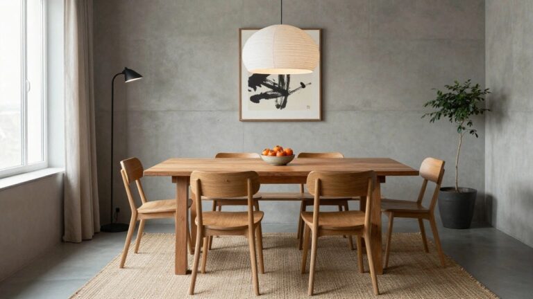 Dining room interior with gray concrete walls, a long wooden table topped with a bowl of persimmons, four woven wood chairs, a hanging white paper lantern light fixture, a framed ink painting, a tripod camera stand, and a bonsai plant by the window.