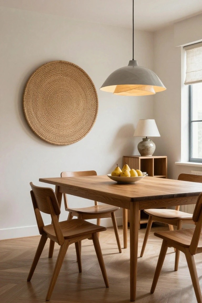 Gray pendant light with layered white inner shade hangs above a wooden dining table holding yellow pears, in a beige room with woven wall basket, wood chairs, lamp on shelf, and parquet floor.