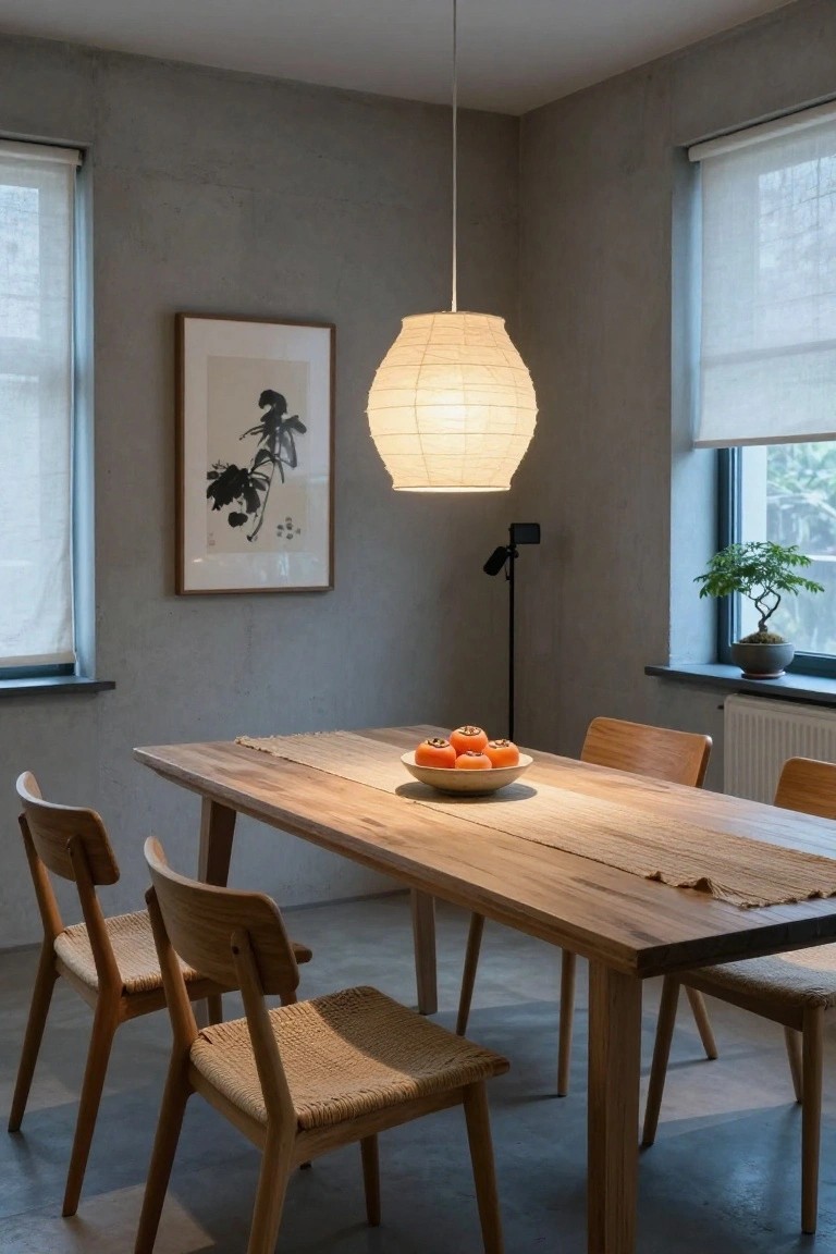 Dining room interior with gray concrete walls, a long wooden table topped with a bowl of persimmons, four woven wood chairs, a hanging white paper lantern light fixture, a framed ink painting, a tripod camera stand, and a bonsai plant by the window.