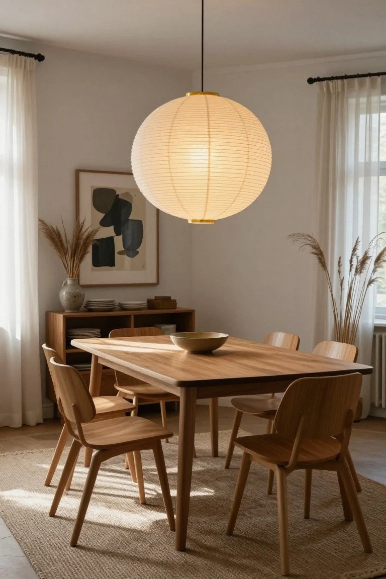 A large beige paper lantern pendant light hangs centered over a rectangular wooden dining table with six matching wooden chairs in a light beige room with sheer curtains, a wooden sideboard, abstract wall art, and pampas grass in vases.
