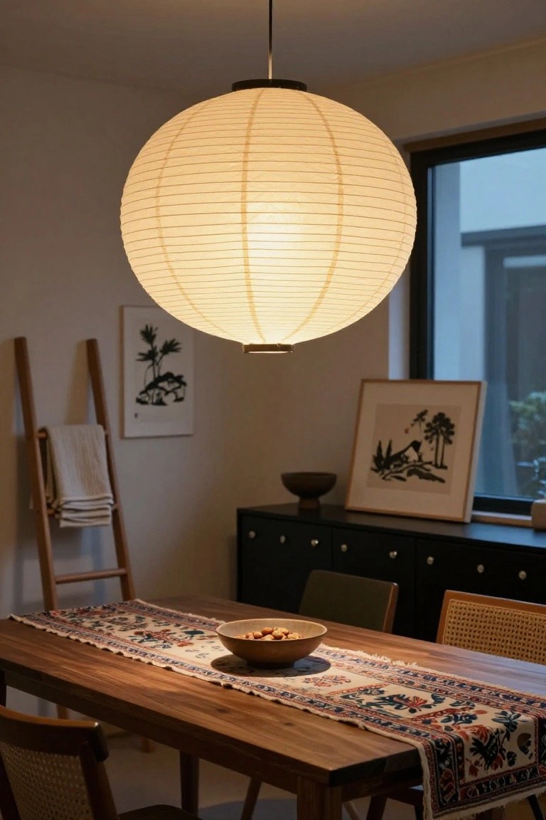 Dining room with a large white paper lantern pendant light centered over a wooden table topped with a colorful runner and bowl of nuts, rattan and wood chairs around it, wooden ladder holding towels on wall, black art prints, and black cabinet nearby.