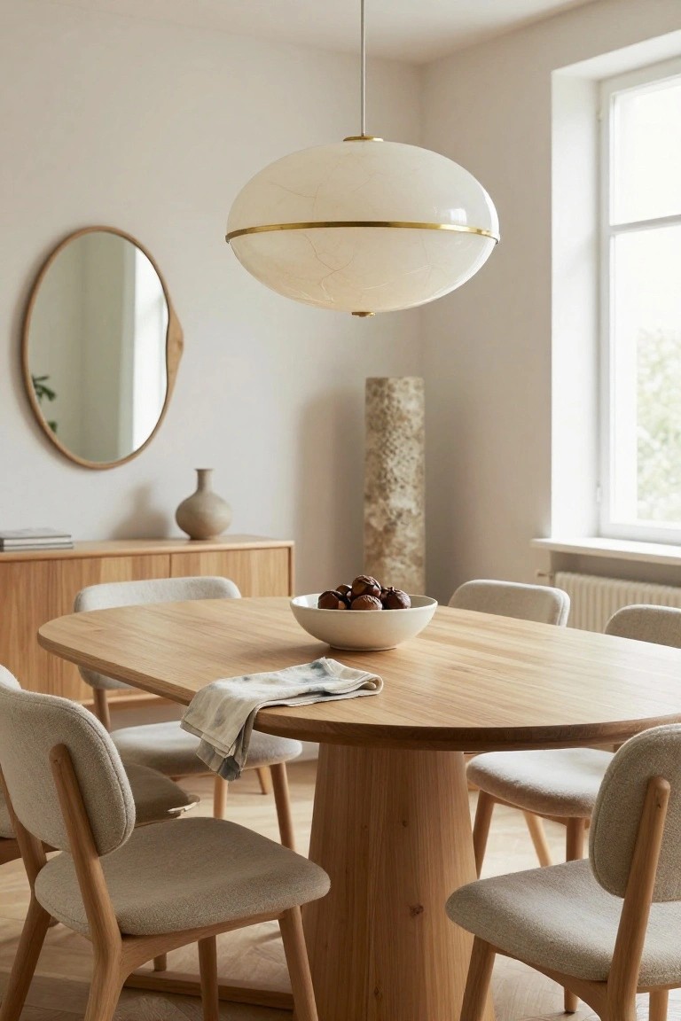 Oval oak dining table with beige upholstered chairs in a beige-walled room, white bowl of persimmons and napkin on table under large white glass pendant light with gold rim, wood sideboard with vase, round wood mirror, and tall textured floor lamp near window.