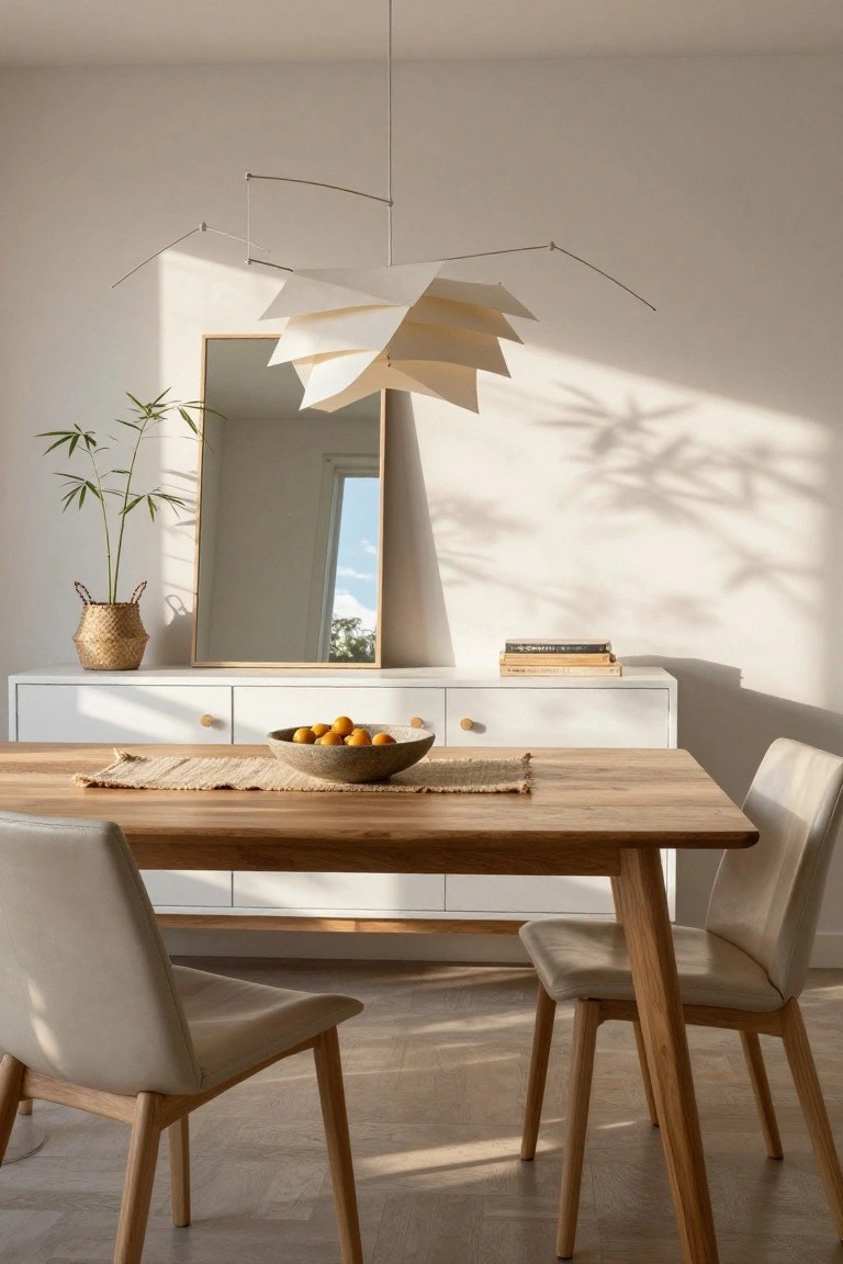 A Japandi-style dining room featuring a white oak dining table with beige upholstered chairs, a white sideboard topped with oranges and books, a tall mirror with bamboo plant beside it, and a multi-layered white paper pendant light fixture suspended above the table casting soft shadows on white walls and wood floors.