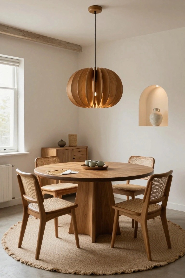 Dining room featuring a round wooden table with rattan chairs, a large slatted wooden pendant light fixture hanging above, beige jute rug, wooden sideboard, and neutral walls with a niche and window.