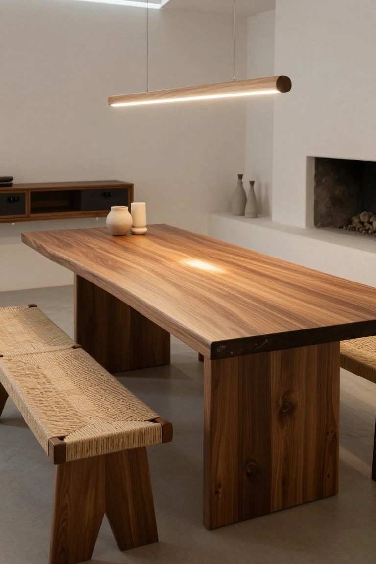 A Japandi-style dining room with a long linear wooden pendant light hanging above a live-edge walnut table, rattan benches, ceramic vases, and a white fireplace on a concrete floor.