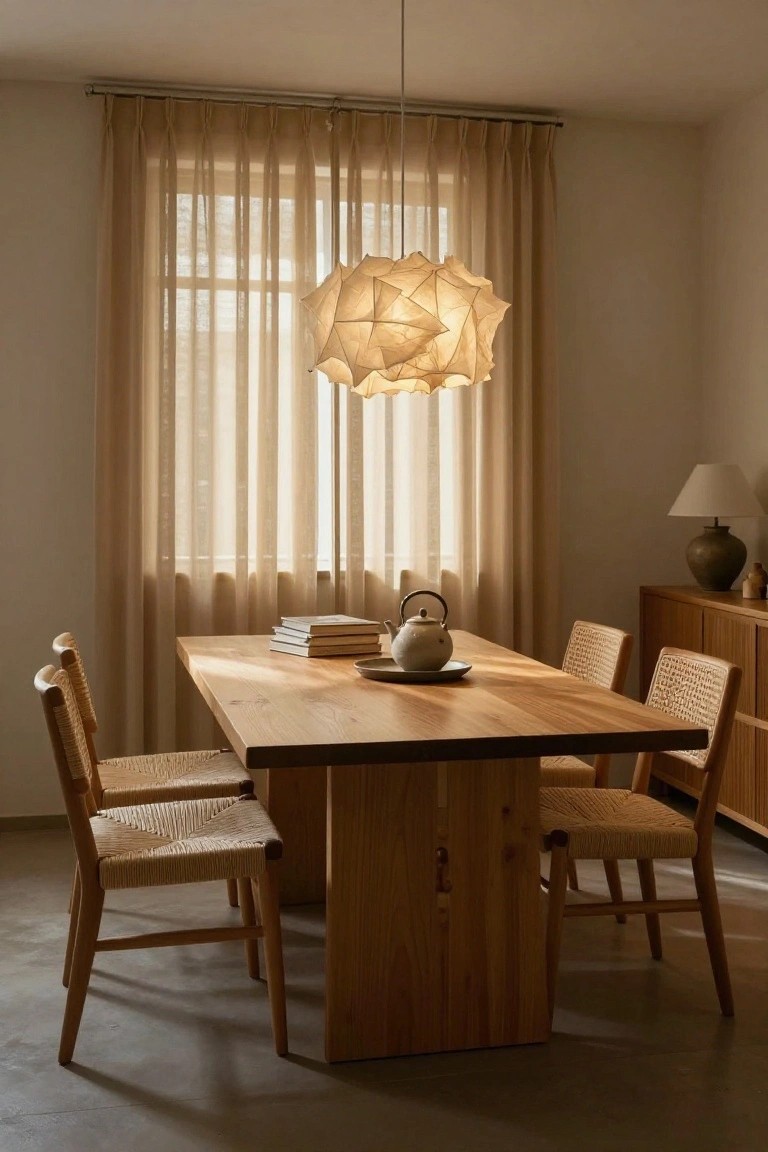 Light wood dining table with four rattan chairs, stack of books and white teapot on table, large faceted white paper lantern pendant light hanging centered above, sheer curtains on window, lamp and ceramics on wooden sideboard in beige-toned room.