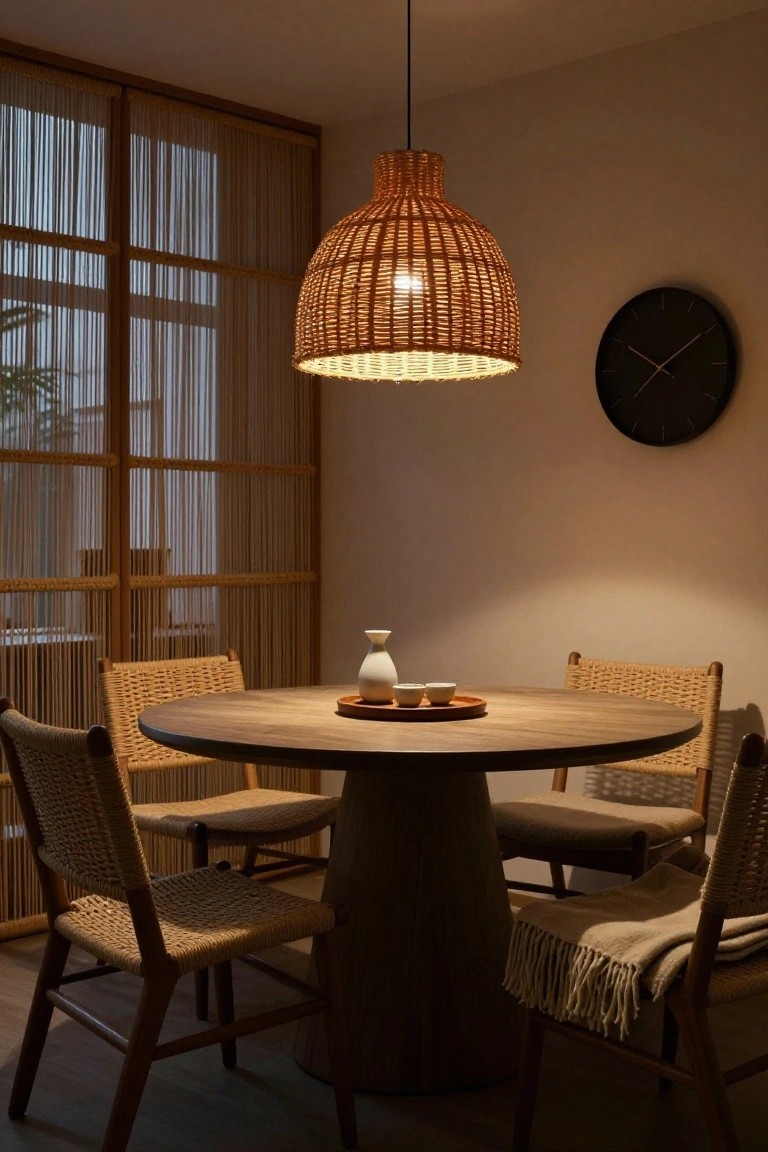 Dining room featuring a round wooden table with rattan chairs, a woven rattan pendant light hanging above, white ceramic teapot and cups on a tray, shoji screens on windows, and a black wall clock.