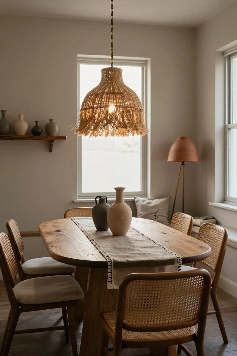 A beige rattan pendant light with fringe hangs over an oval light wood dining table with six rattan chairs in a neutral-toned room with windows, shelves holding ceramic vases, and a floor lamp.