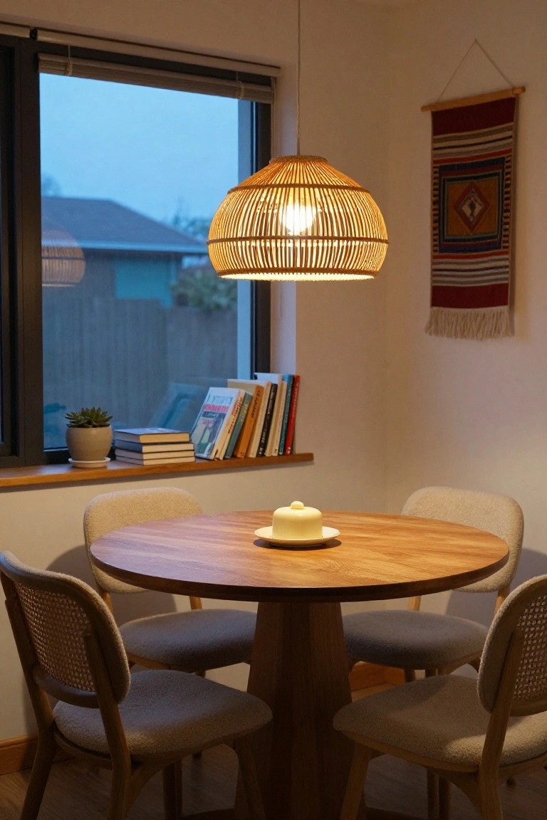 A dining room with a round wooden table, four rattan-framed upholstered chairs, a woven rattan pendant light hanging above the table, books and a potted succulent on the windowsill, and a textile wall hanging nearby.