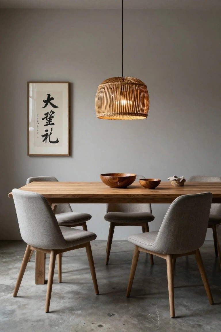 Minimalist dining room with wooden table, woven pendant light, and gray chairs.