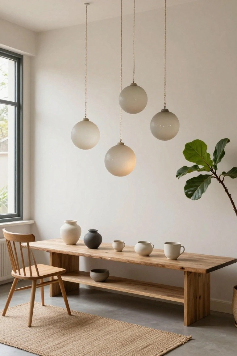 Dining area with five frosted glass globe pendant lights hanging at varying heights over a wooden bench table holding ceramic vases and cups, a wooden chair nearby, a large green plant on the wall, and a window in a white room with beige rug.